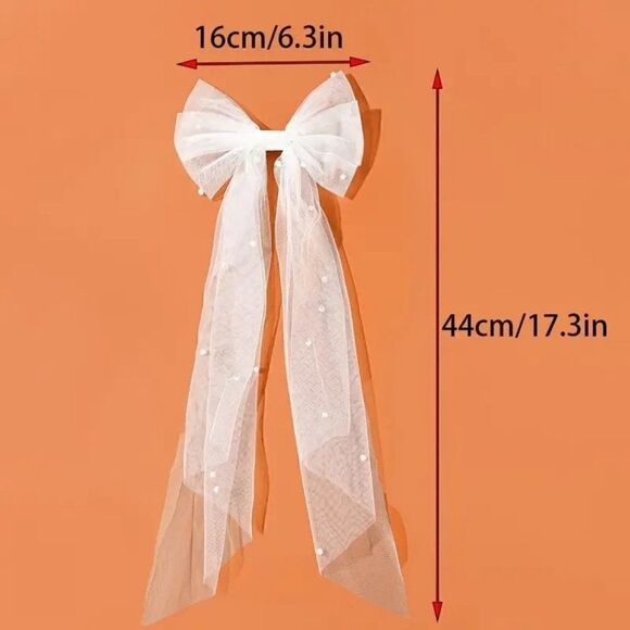 Pearl Accent Bridal Wedding Bow Veil With Hair Clip - Picture 6 of 8